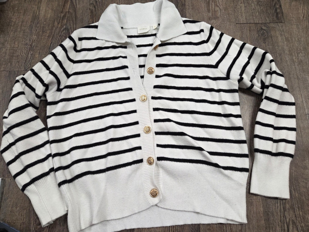CYRUS Super Soft The Striped Cardigan Breton Stripe Black Ivory Sweater Large